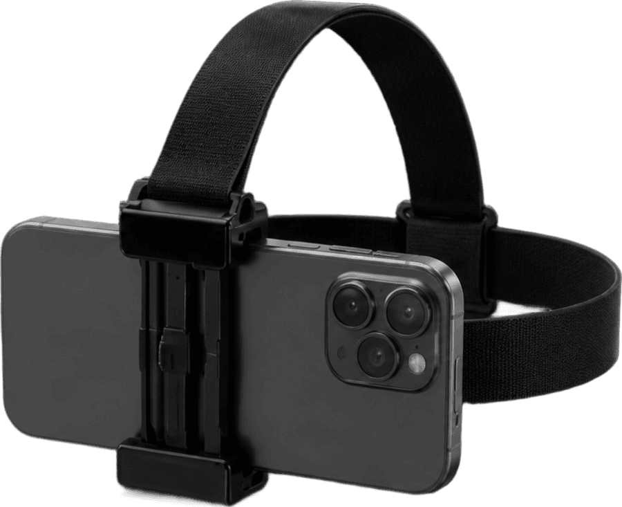 Un supporto da testa per telefono: una fascia elastica con una clip che tiene fermo uno smartphone.